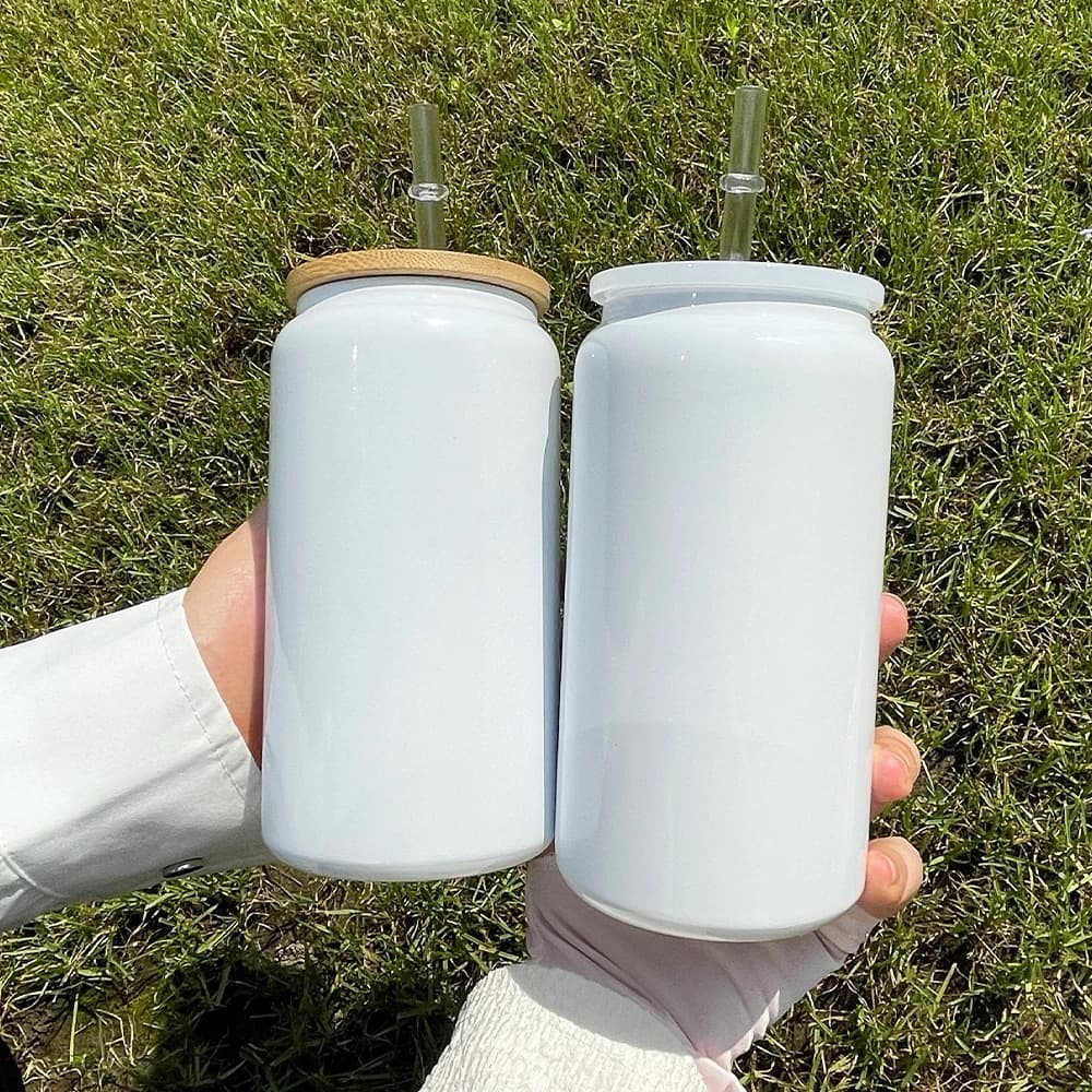 16oz White Stainless Steel Can-Dual Lids