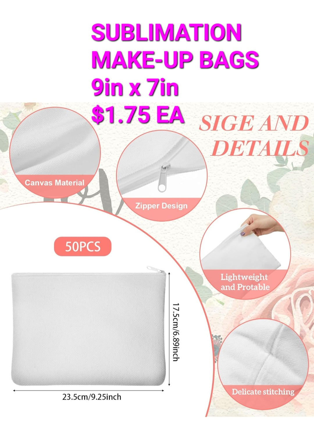 9in x 7in SUBLIMATION MAKE-UP BAGS (SOLID WHITE)
